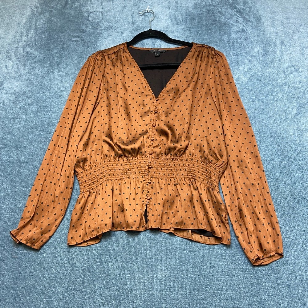 Banana Republic Blouse Top Womens XL Brown Black Polka Dot V Neck Smocked Waist